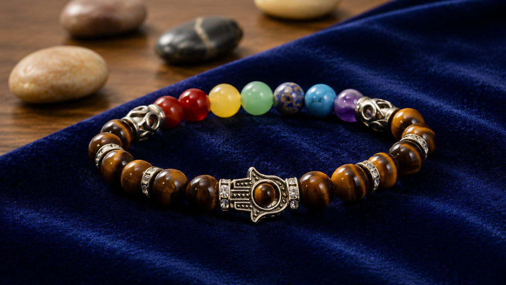 7 Chakra Tiger Eye Aura Shield Hamsa Bracelet